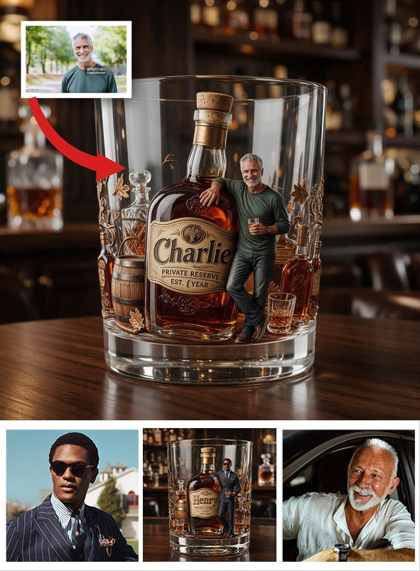 Personalized Smiling Older Man Whiskey Glass Bourbon Gift For Him