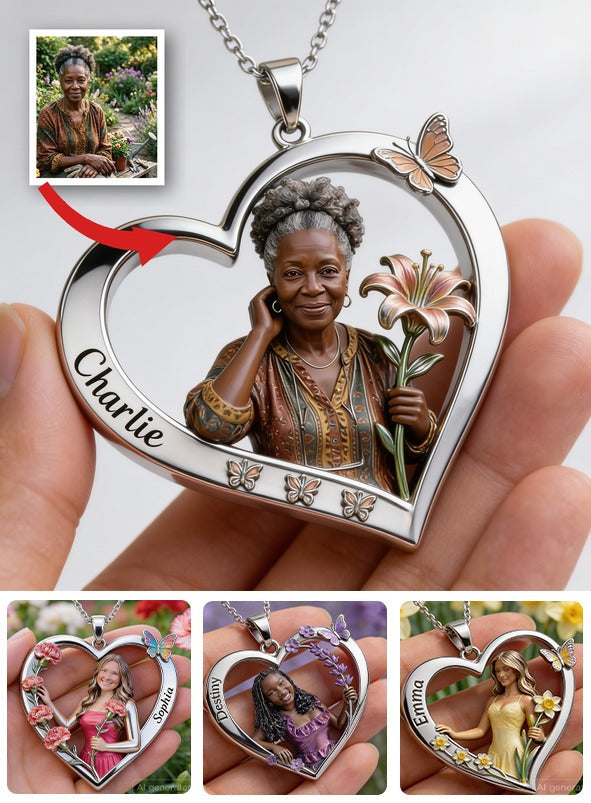 Collier Pendentif Cœur Femme Noire Fleurs de Mois de Naissance Personnalisé