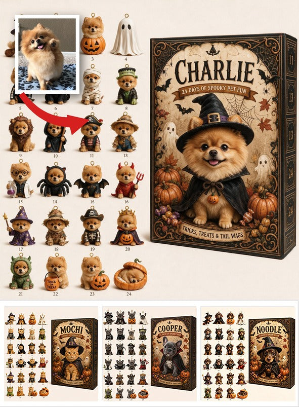 Personalisierter Halloween Fluffy Golden Pomeranian Adventskalender mit Mini-Ornamenten, Geschenk für Hundeliebhaber
