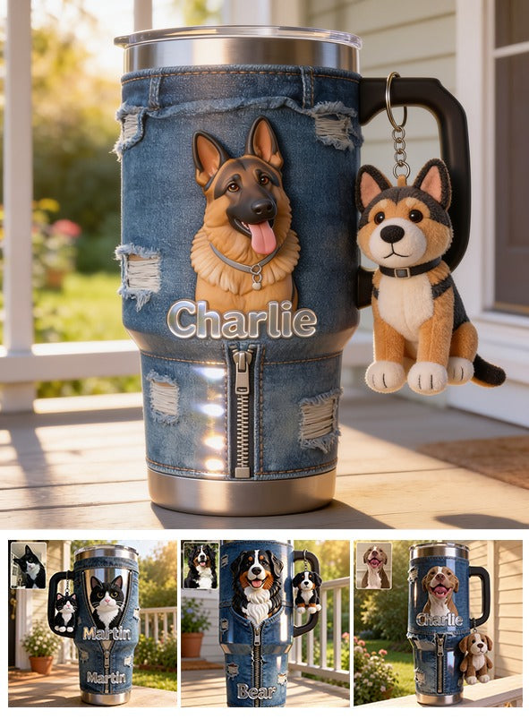 Personalized Black and Tan Adult German Shepherd Tumbler With Plush Charm Pet Owner Gift