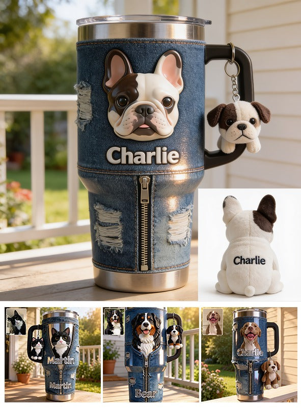 Personalized Black and White French Bulldog Tumbler with Plush Charm