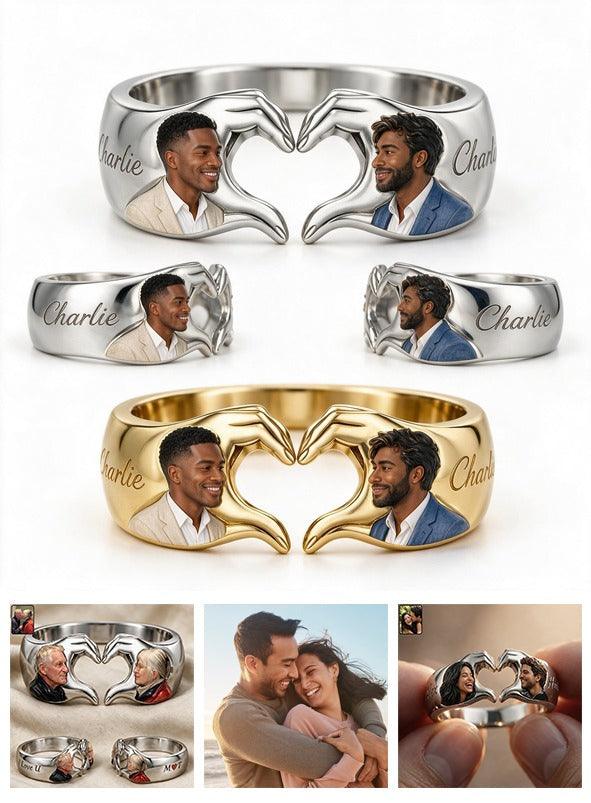 Personalized LGBT Anniversary Black Gay Couple Hand Heart Adjustable Ring