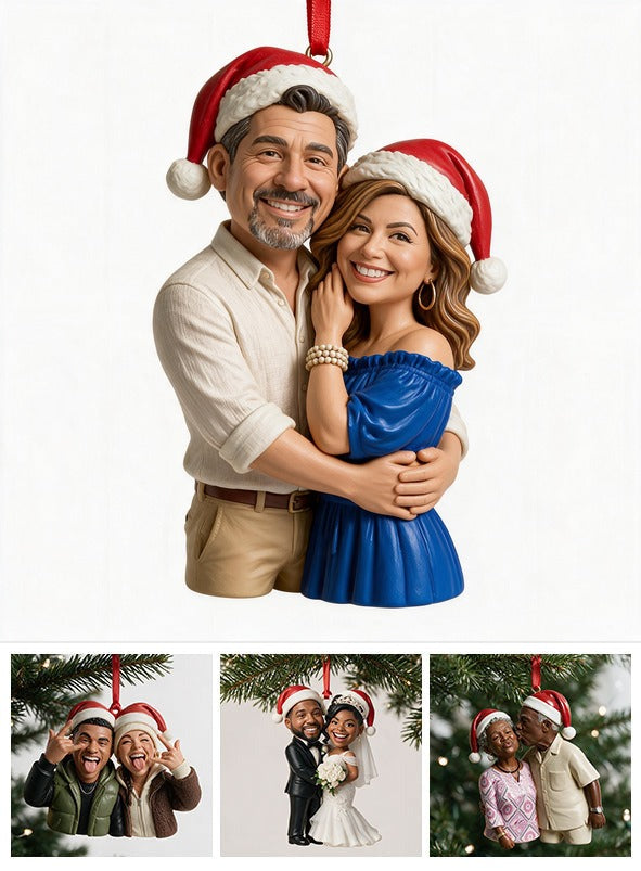 Custom Photo Christmas Middle-Aged Latino Couple Caricature Ornament Gift