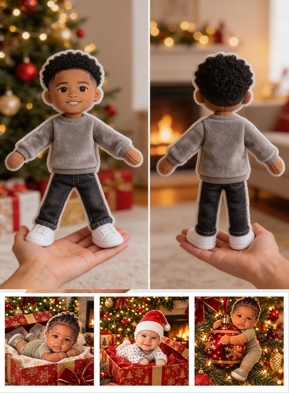 Custom Photo Black Little Boy Posable Plush Doll, Son Grandson Nephew Keepsake Gift