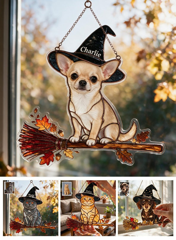 Personalized Halloween Fawn White Chihuahua Puppy 3D Glass Suncatcher
