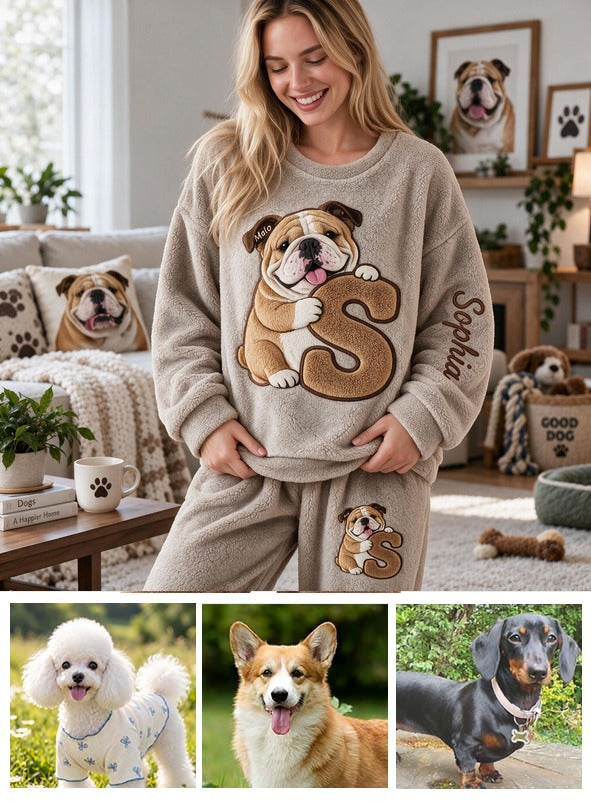 Personalized Fawn & White Bulldog Fleece Lounge Set for Dog Lovers