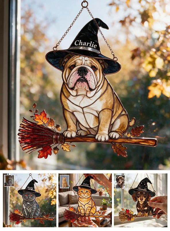 Personalized Halloween Fawn & White Bulldog 3D Printed Glass Suncatcher