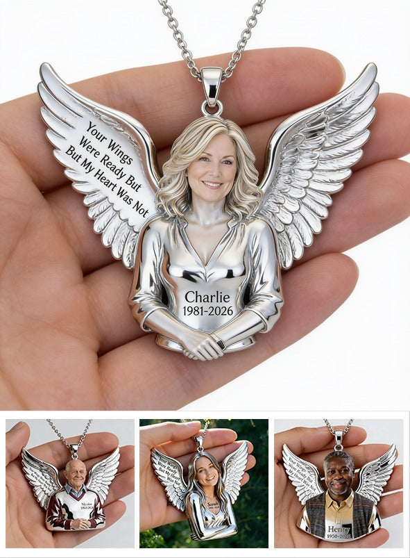 Personalized Middle-Aged Woman Memorial Winged Pendant Necklace, Mom Wife Sympathy Keepsake