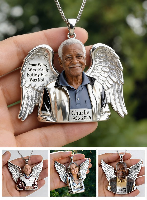 Personalized Older Black Man Grandpa Memorial Angel Wing Pendant Necklace