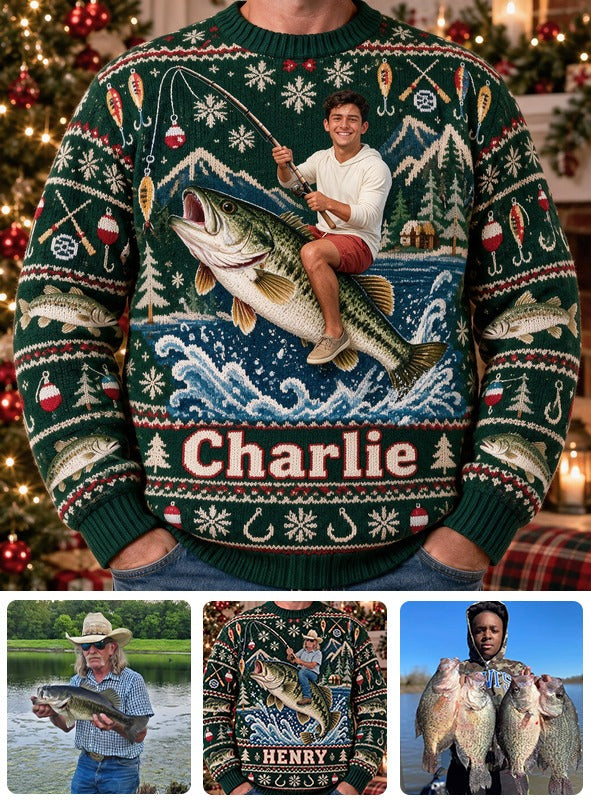 Personalized Christmas Latino Fisherman Riding Fish Ugly Sweater, Fishing Lover Gift