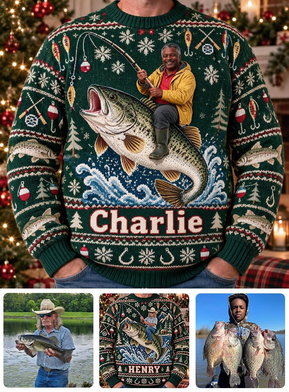 Personalized Christmas Middle-Aged Black Fisherman Fishing Ugly Sweater