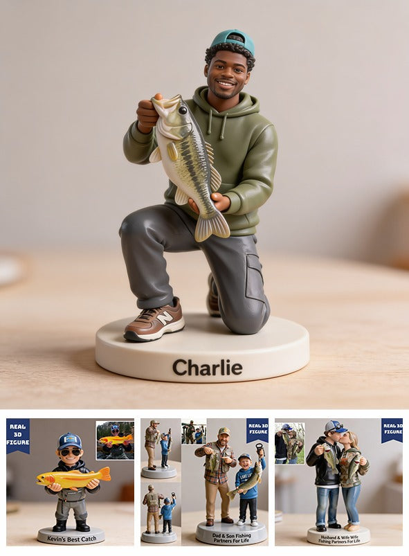 Personalized Black Fisherman 3D Figurine Custom Fishing Keepsake Gift
