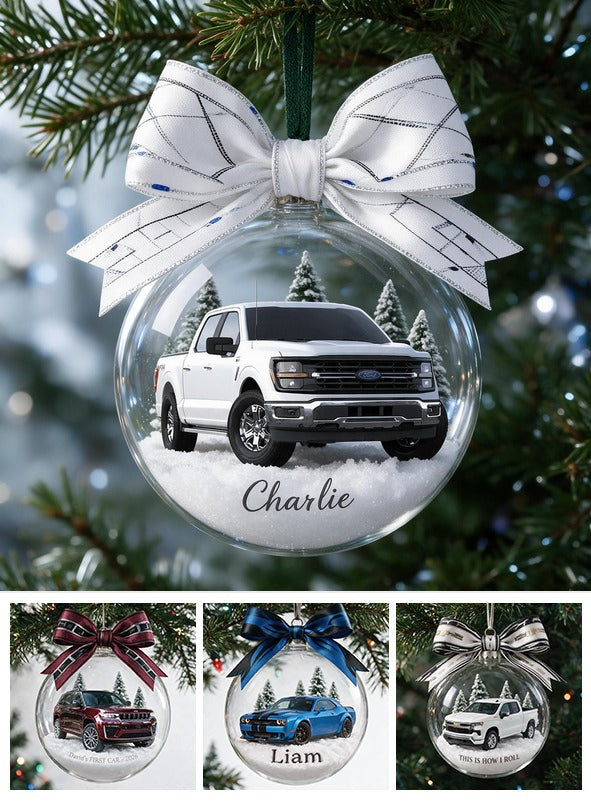Personalized Christmas White Ford Pickup Truck Snow Globe Ornament Car Lover Gift