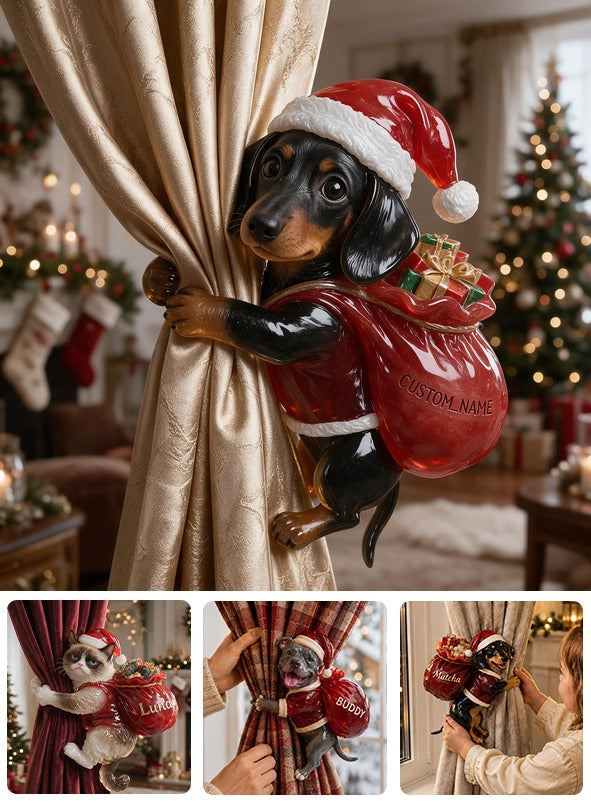 Personalized Custom Photo Christmas Black and Tan Dachshund Puppy Curtain Tieback