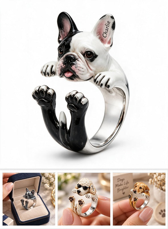 Personalized Black and White French Bulldog Adjustable Ring Dog Owner Gift