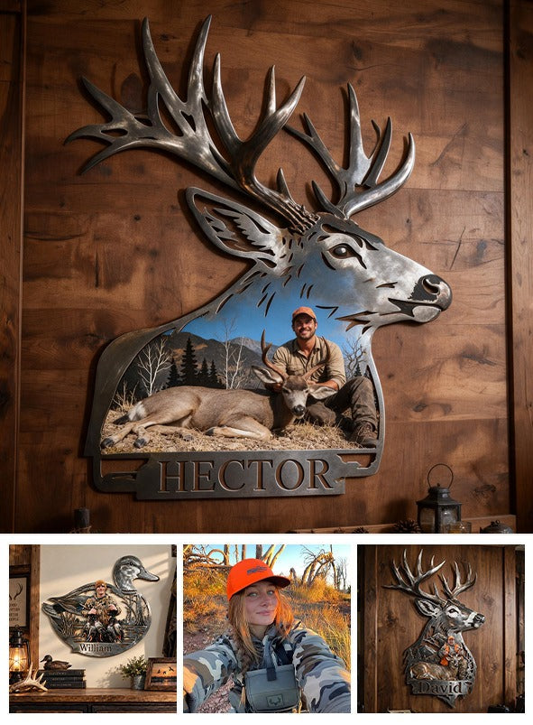 Personalized Custom Photo Latino Hunter with Deer 3D Cut Metal Sign Hunting Wall Decor