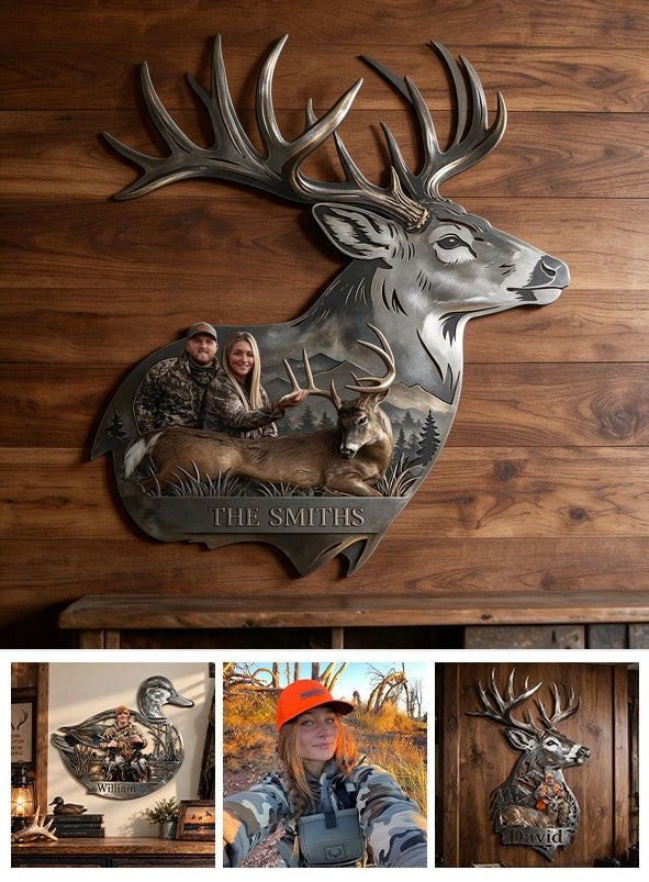 Personalized Custom Photo Hunting Couple with Deer 3D Cut Metal Sign Hunting Wall Decor