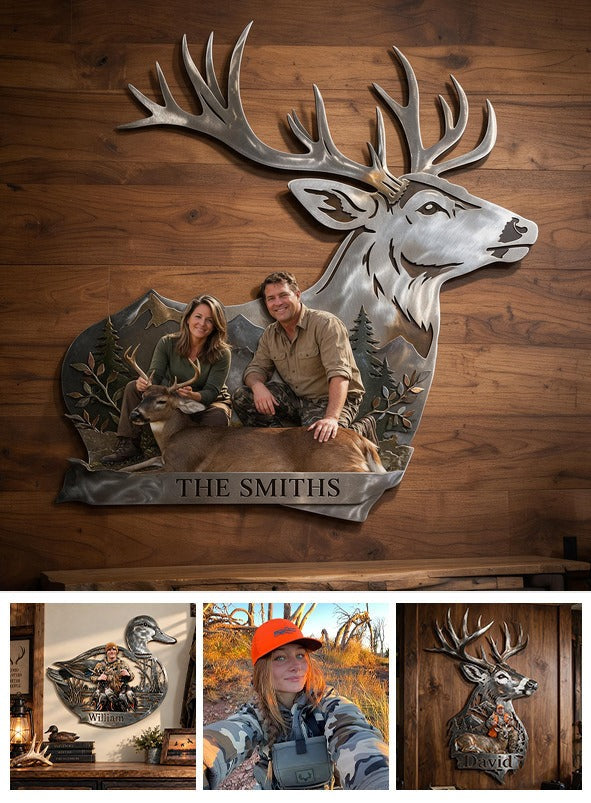 Personalized Custom Photo Middle-Aged Hunting Couple with Deer 3D Cut Metal Sign Hunting Decor