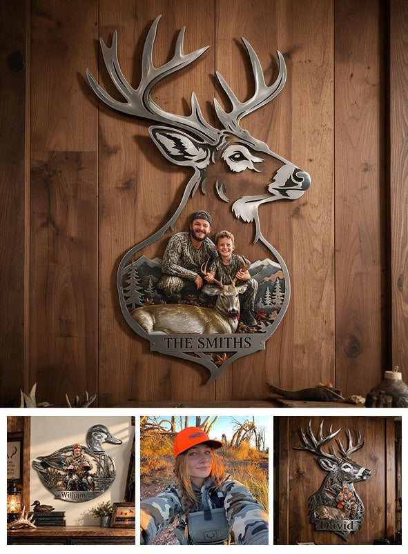Personalized Custom Photo Hunter and Child with Deer 3D Cut Metal Sign Hunting Wall Decor