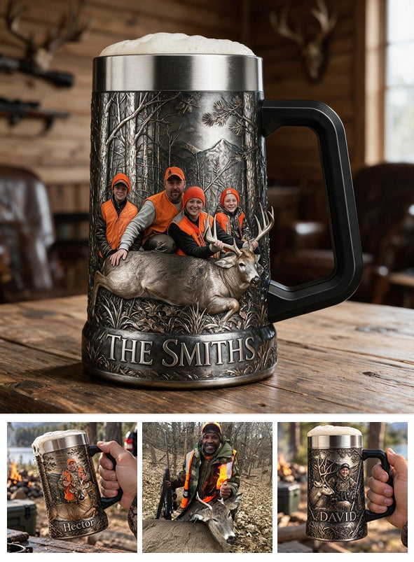 Personalized Custom Photo Hunting Family with Deer Beer Stein, Hunter Gift