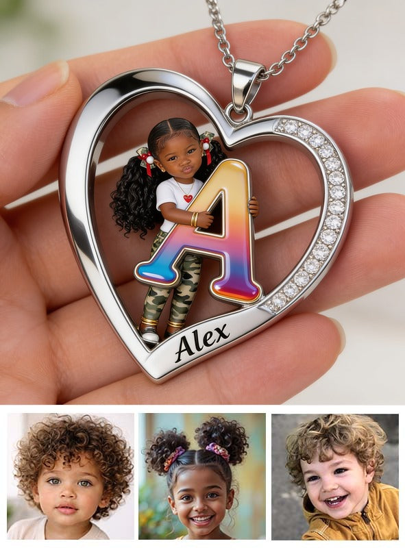 Personalized Custom Photo Black Little Girl Heart Pendant Necklace, Daughter Granddaughter Niece Gift