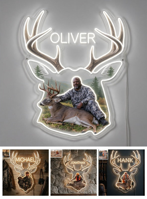 Personalized Middle-Aged Black Hunter with Deer Neon LED Light Sign Hunting Decor