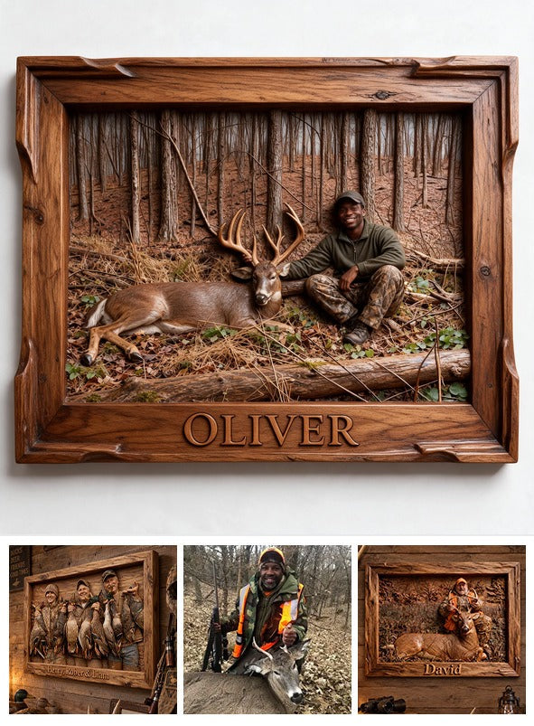 Personalized Custom Photo Black Hunter with Deer Wood Sign Hunting Home Decor