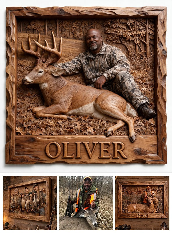 Personalized Custom Photo Middle-Aged Black Hunter with Deer Wood Sign Hunting Decor