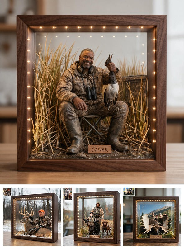 Personalized Custom Photo Middle-Aged Black Duck Hunter LED Wooden Frame Light Hunting Gift