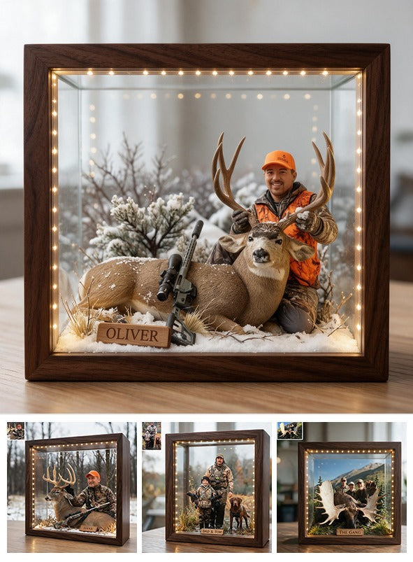 Personalized Custom Photo Middle-Aged Hunter with Deer Wooden Frame LED Light Hunting Gift
