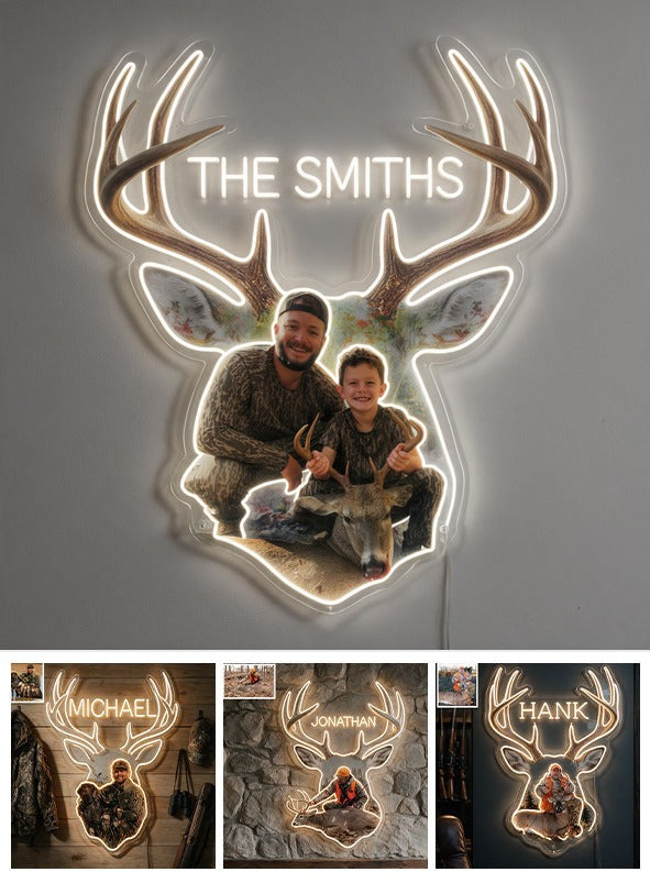 Personalized Custom Photo Hunter and Child with Deer Neon LED Light Sign Hunting Decor