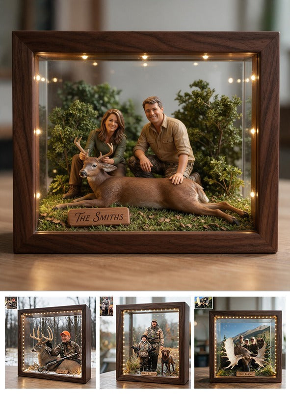 Personalized Custom Photo Middle-Aged Hunting Couple with Deer Wooden Frame LED Light Hunting Gift