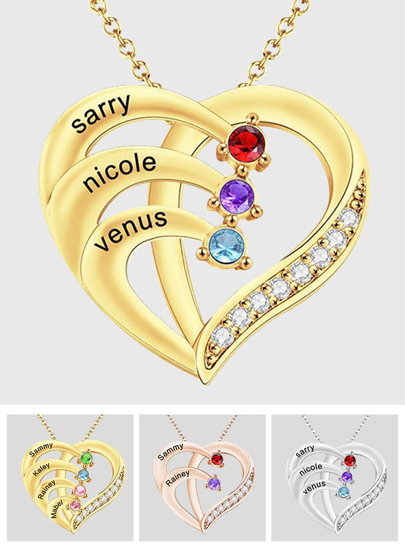 Love By Heart - Personalized Family Names Heart Shaped Necklace With Birthstone
