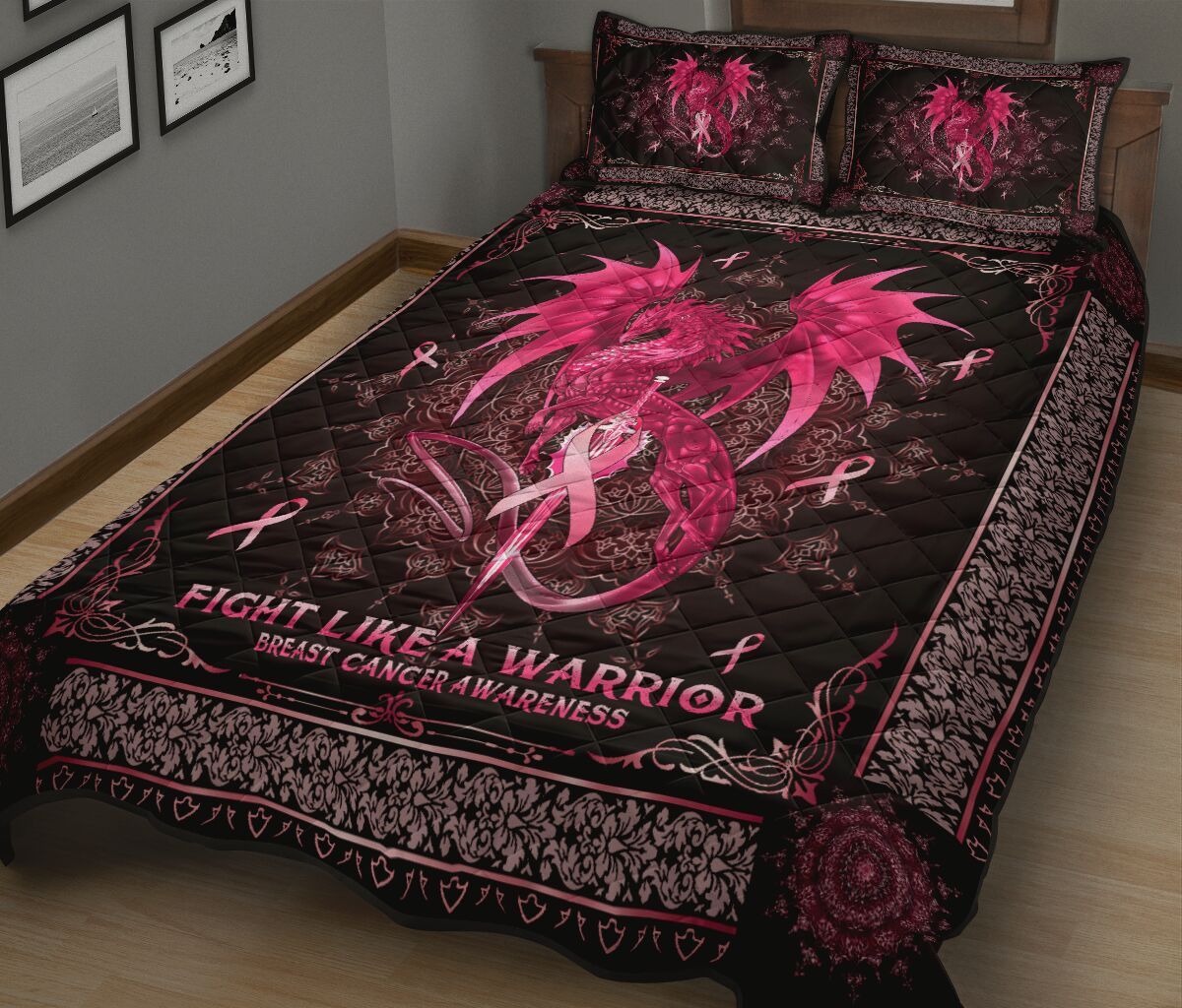 Fight Like A Warrior Breast Cancer Awareness Quilt Set 0622