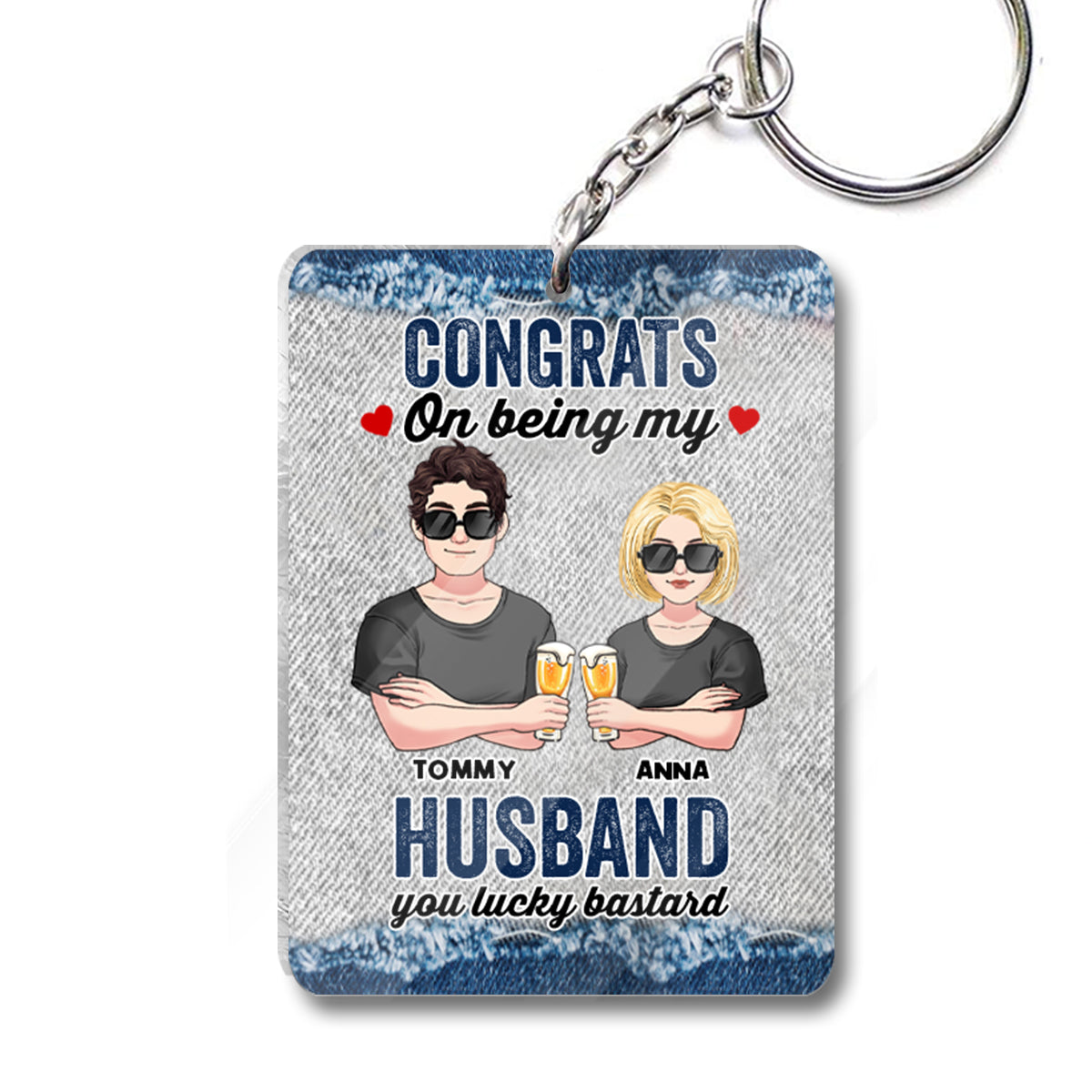 Congrats On Being My Hubby - Personalized Couple Keychain (Printed On Both Sides)