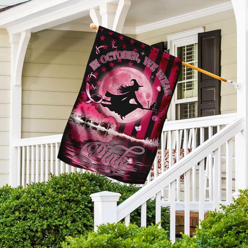 En octobre, nous portons du rose : ruban rose, chat d'Halloween et sorcière - Drapeau de la maison pour la sensibilisation au cancer du sein 0822