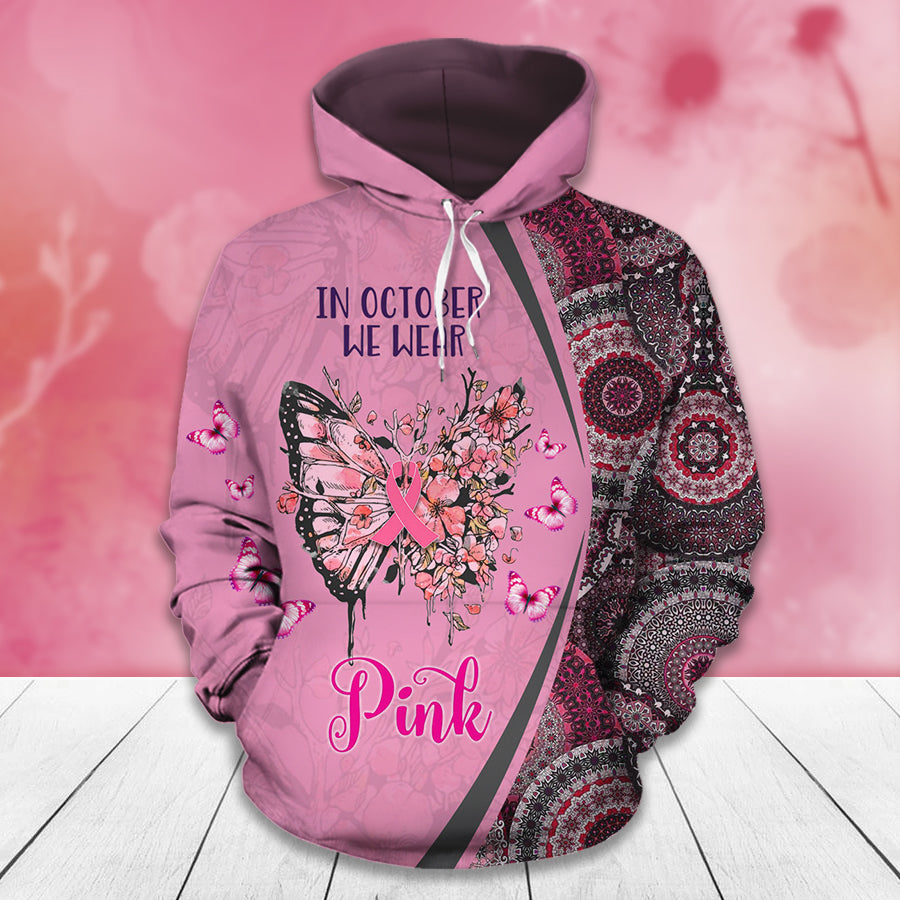 En octobre, nous portons des papillons roses - T-shirt et sweat à capuche imprimés pour la sensibilisation au cancer du sein 0822