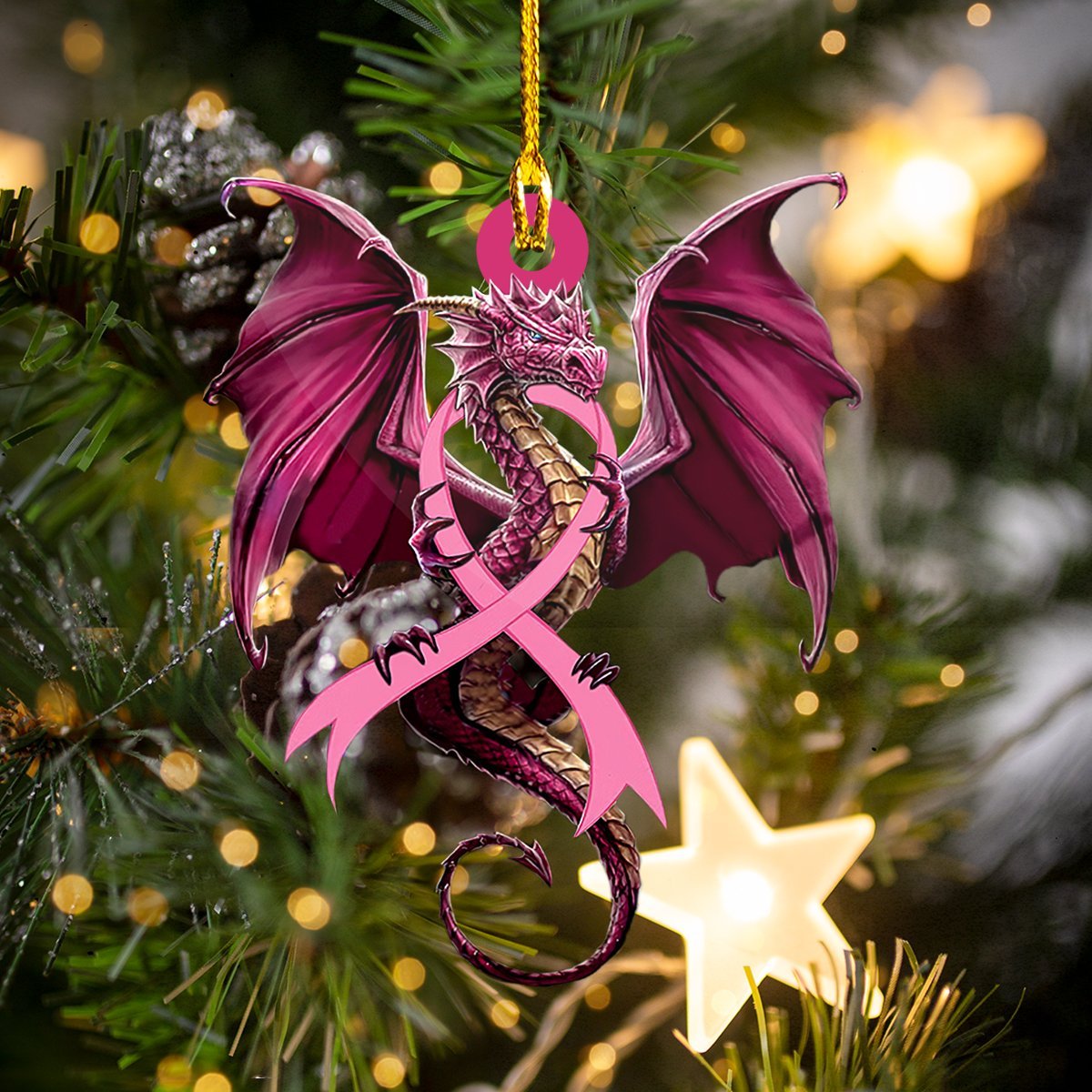 Dragon Breast Cancer Ribbon - Dragon Ornament (Printed On Both Sides)