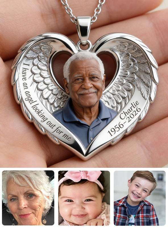 Personalized Older Black Man Grandpa Memorial Angel Heart Pendant Necklace