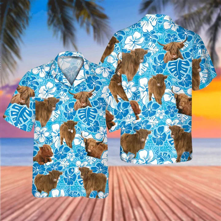 Blue Floral Highland Cow Highland Cow Hawaiian Shirt 0624