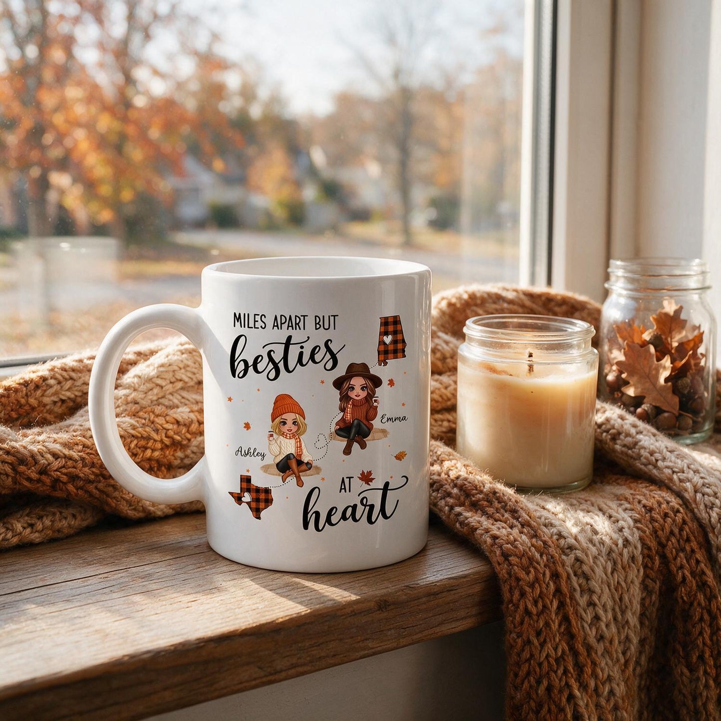 Personalized Fall Plaid Long Distance Besties Mug, Miles Apart Best Friends Gift with Custom States