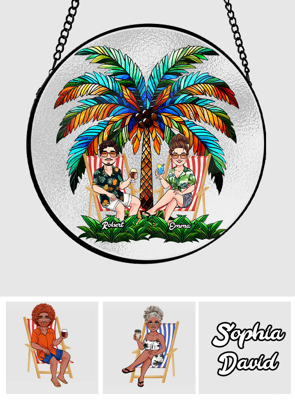 Under The Palm Tree Happy Couple - Personalized Couple Stained Glass Suncatcher
