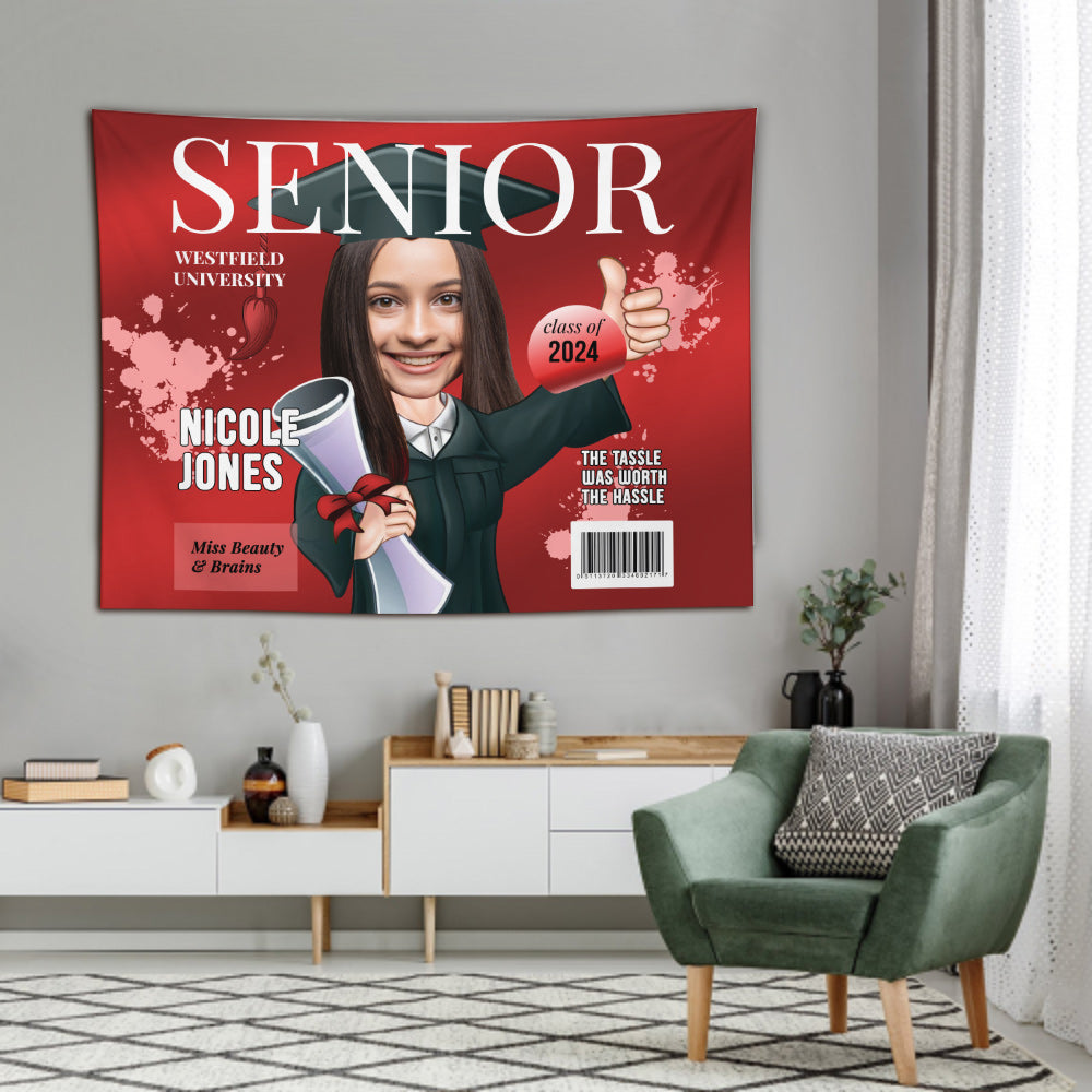 Senior Magazine Cover Caricature - Personalized Graduation Wall Tapestry