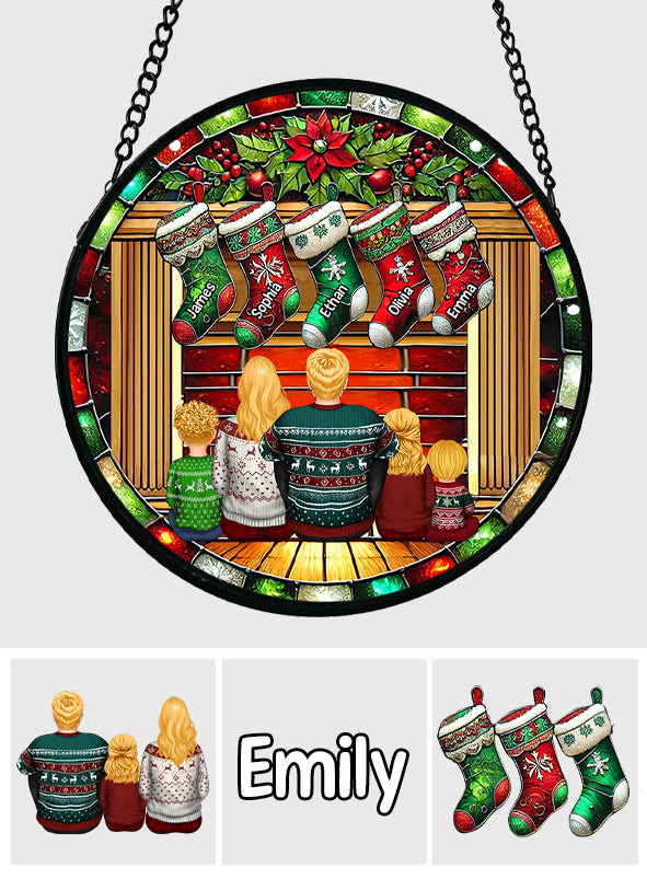 Happy Family Sitting By The Fireplace - Personalized Family Stained Glass Suncatcher