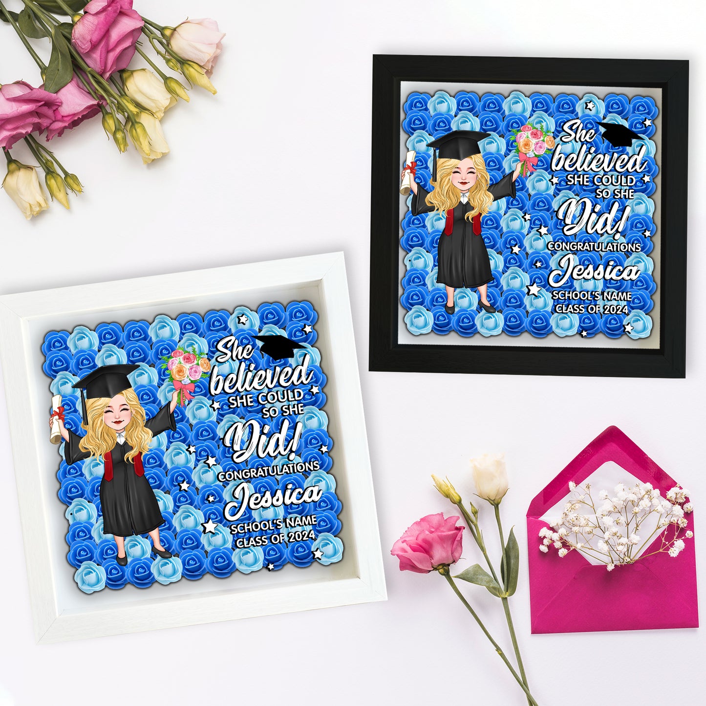 She Believed She Could So She Did - Personalized Graduation Custom Shaped Flower Shadow Box