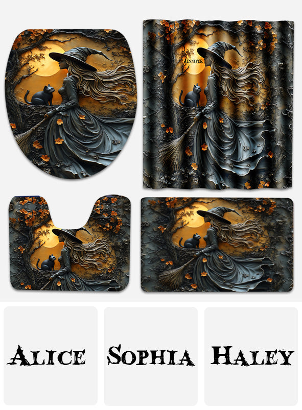 Beautiful Witch & Her Black Cat - Personalized Witch Bathroom Curtain & Mats Set