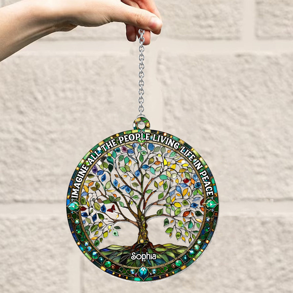 Imagine All The People Living Life In Peace - Personalized Hippie Window Hanging Suncatcher Ornament