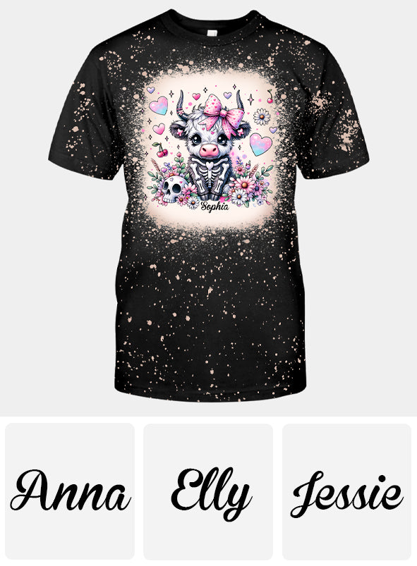 Cute Spooky Halloween Highland Cow - Personalized Bleached T-Shirt