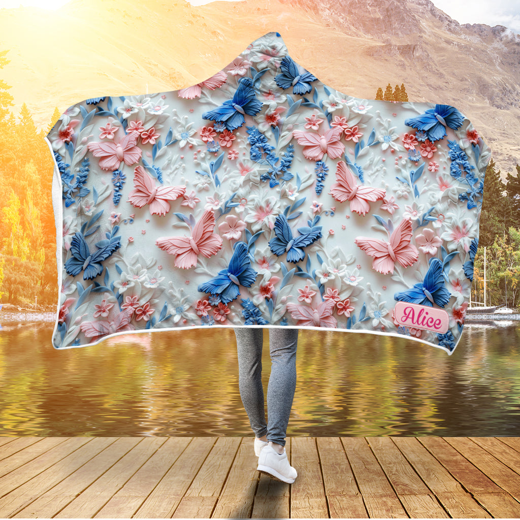 Pink And Blue Butterflies - Personalized Butterfly Hooded Blanket
