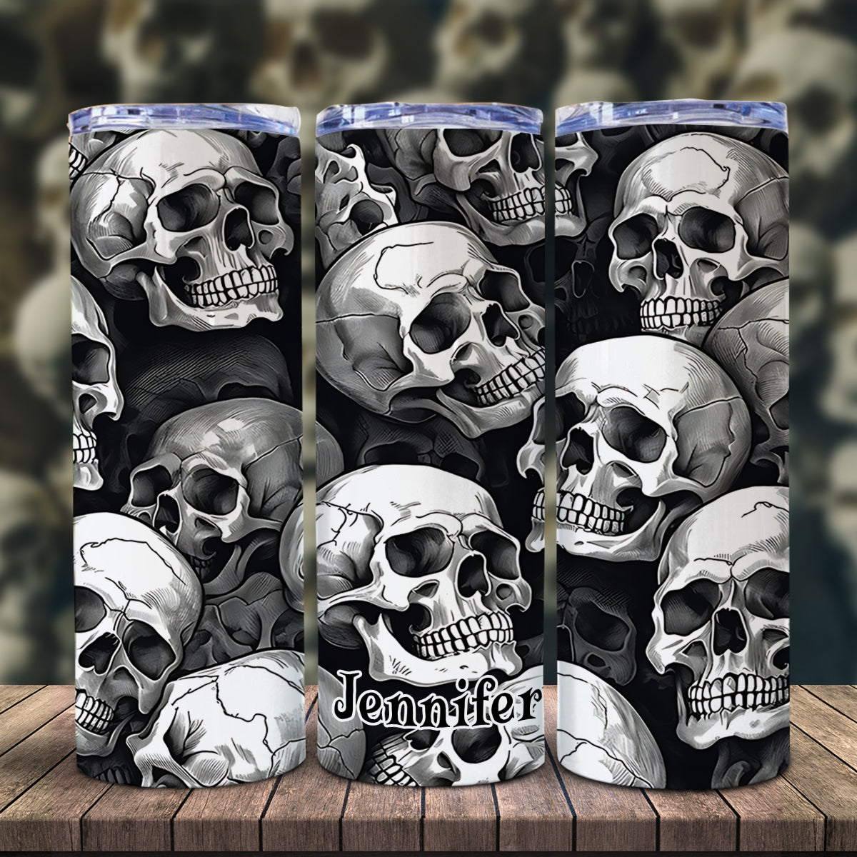 Skull And Fire - Personalized Skull Glow Skinny Tumbler